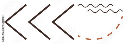 Brown arrow shapes align leftward, followed by black wavy lines symbolizing waves or flow, and a dashed arc suggesting circular motion. Ideal for progress, transformation, dynamics, innovation