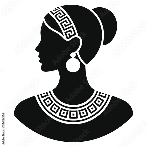 ( Greek or Roman inspired necklace) Elegant Profile Silhouette of a Woman in Ancient Greek Style/A striking black and white profile silhouette of a woman, adorned with ornate Greek-style headband, ear