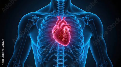 Digital Medical Illustration Of Human Heart Highlighted Inside Rib Cage With Glowing Detail