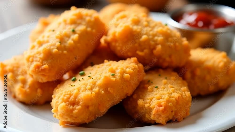 A plate of crispy golden chicken nuggets served with a small cup of ketchup. A plate of crispy golden chicken nuggets served with a small cup of ketchup.