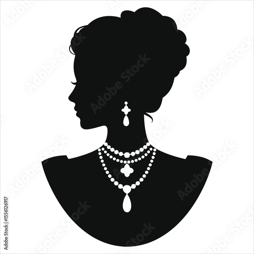 ( Victorian vintage necklace)Elegant Silhouette of a Woman with Exquisite Jewelry/A sophisticated profile view of a woman in silhouette, adorned with elaborate pearl necklaces and drop earrings.