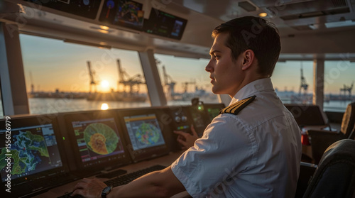Ship Captain Operating Navigation Systems On Bridge During Sunset In Maritime Control Room