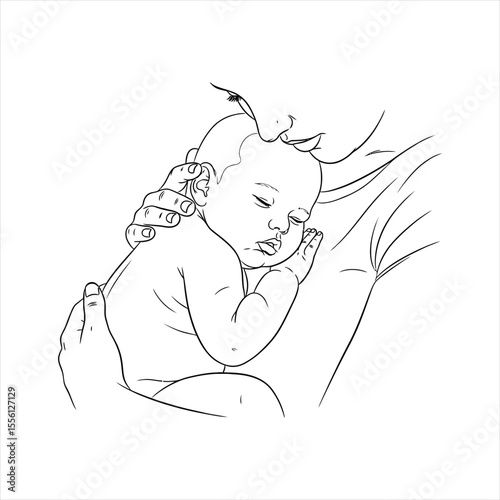 Mother kissing sleeping baby infant