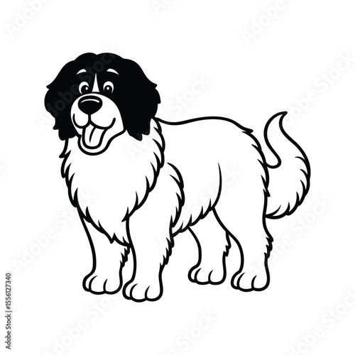 Happy Newfoundland dog with large face silhouette isolated on white background