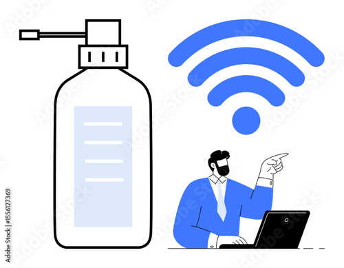 Wireless signal icon above a man at a laptop pointing towards a large sanitizer bottle. Ideal for tech, hygiene, communication, work, safety, remote work, and modern tech lifestyle concepts. Simple