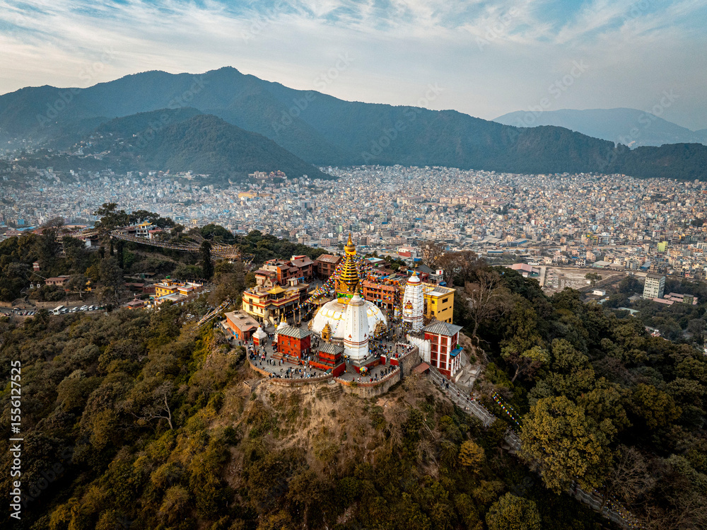 Fototapeta premium Drone View of Swayambhunath Stupa Overlooking Kathmandu