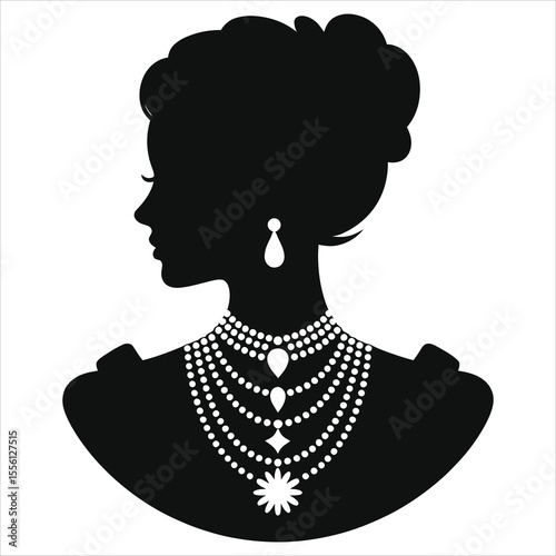 ( Victorian vintage necklace)Elegant lady silhouette with exquisite pearl jewelry/A profile view of a woman's head and shoulders in silhouette, showcasing elaborate pearl jewelry.