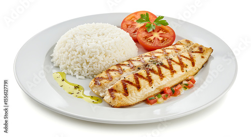 Grilled fillet of fish with white rice and vinaigrette, isolated on white background — classic beachside meal from Rio