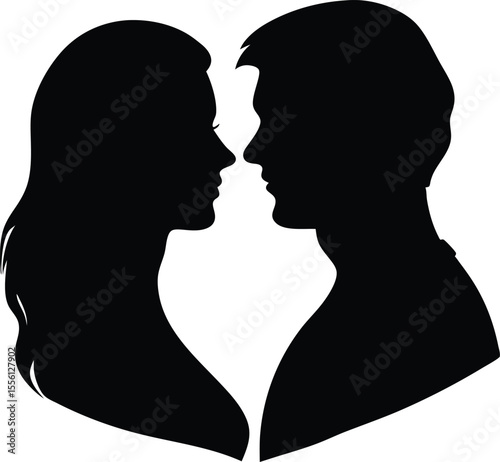 Romantic couple silhouette facing each other with heart-like composition on white background