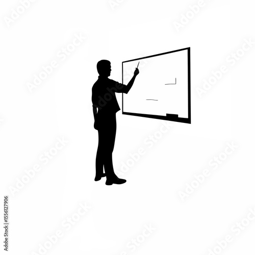 Silhouette of a teacher writing on a blackboard in a classroom on white background
