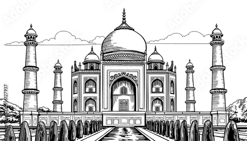 Taj Mahal Illustration: Majestic view of the Taj Mahal, an iconic symbol of love, captured in a monochrome illustration.