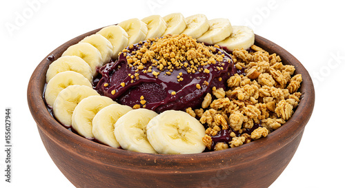 Close-up of cold açaí bowl with banana slices and granola on top, isolated on white — tropical and energetic Rio snack