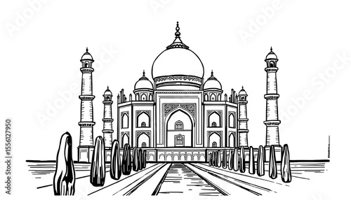 Taj Mahal's Silhouette: A detailed, hand-drawn sketch presents the iconic Taj Mahal in stark black and white, inviting contemplation of architectural grandeur.