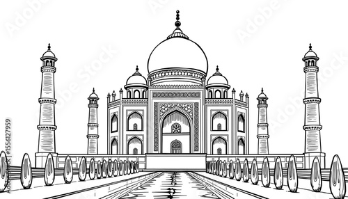 Taj Mahal's Architectural Grandeur: Detailed outline of the Taj Mahal, showcasing its iconic minarets, intricate detailing, and the beautiful symmetry of the mausoleum.