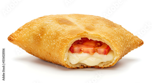 Brazilian pastel filled with cheese and tomato, golden and crispy, isolated on white background — Rio street food in clean setup