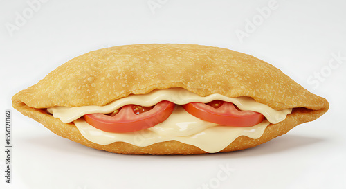Brazilian pastel filled with cheese and tomato, golden and crispy, isolated on white background — Rio street food in clean setup