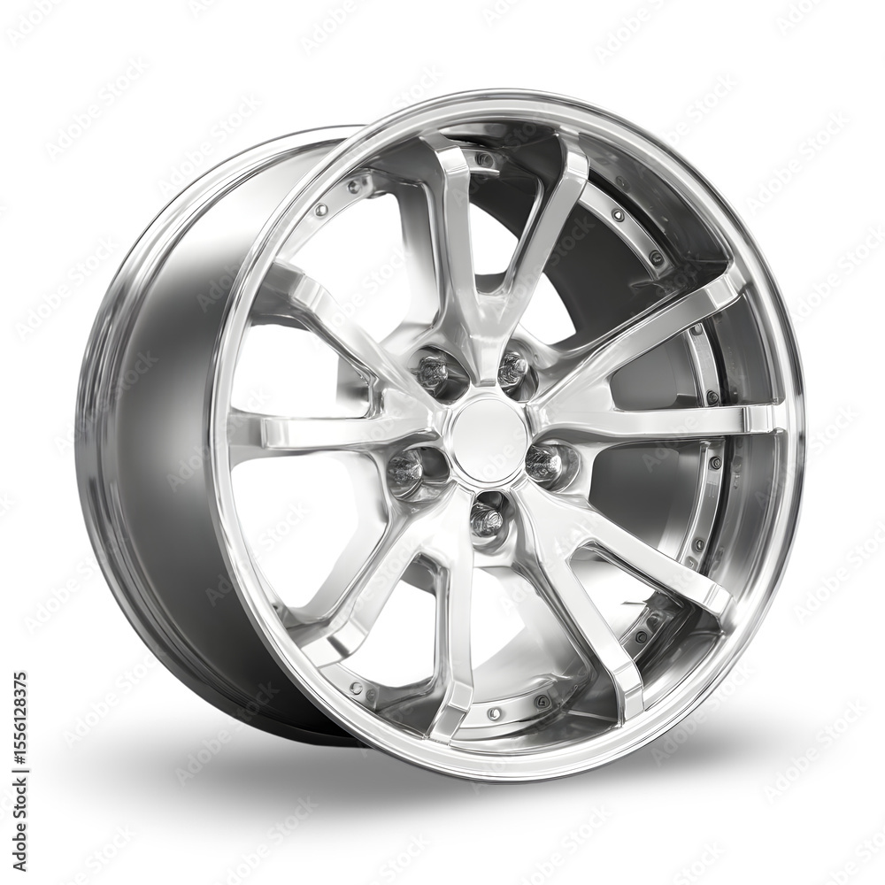 Obraz premium Shiny Silver Wheel: A captivating close-up showcases a shiny silver wheel, its polished surface reflecting the light with a sense of speed and elegance. 