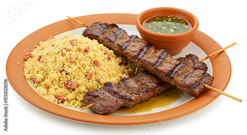 Grilled skewered meat (espetinho) with farofa and vinaigrette, isolated on white — classic bar food from Rio’s botecos