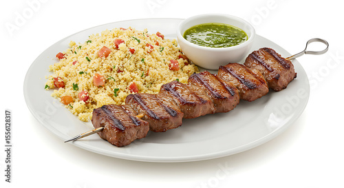 Grilled skewered meat (espetinho) with farofa and vinaigrette, isolated on white — classic bar food from Rio’s botecos