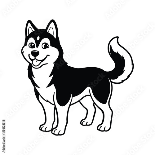 Happy Siberian husky with fluffy tail silhouette isolated on white background