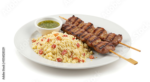 Grilled skewered meat (espetinho) with farofa and vinaigrette, isolated on white — classic bar food from Rio’s botecos