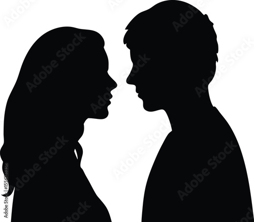 Silhouette of man and woman standing face to face in profile view on white background