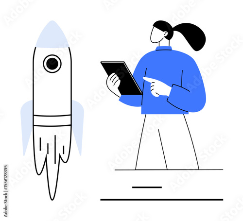 Woman holding tablet points at screen near stylized rocket, suggesting planning, innovation, startup, teamwork, goal setting, education, creativity. Ideal for tech business strategy and simple