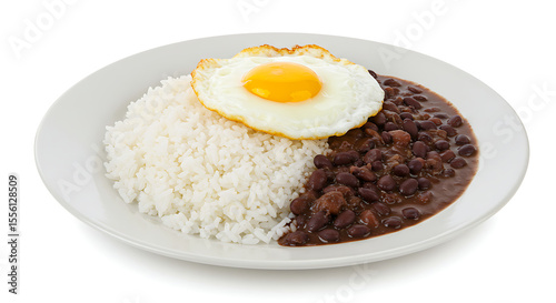 Traditional black bean stew with white rice and fried egg, isolated on white background — simple everyday carioca lunch plate