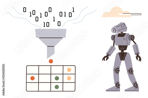 Binary code flows into a funnel, translating into data points on a grid while a robot stands nearby. Ideal for AI, machine learning, technology, data science, automation, robotics innovation. Simple