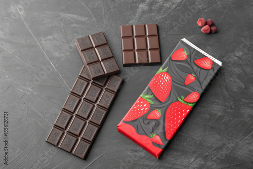 Chocolate bar with strawberry design packaging on dark surface, surrounded by chocolate pieces and strawberries. vibrant packaging contrasts with rich chocolate, creating appealing visual