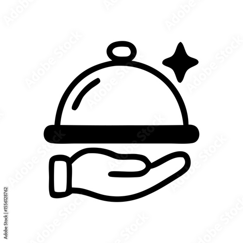 A hand carefully presents a gleaming cloche, signifying fine dining service or a delicious meal.