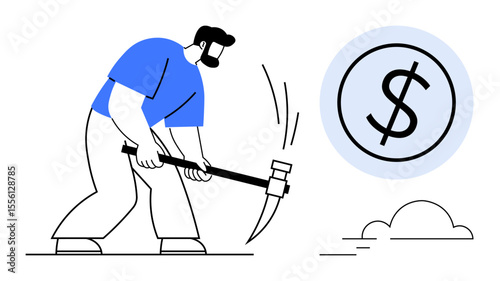 Worker swinging pickaxe near dollar sign coin signifies hard work, financial pursuits, and economic value. Ideal for entrepreneurship, savings, labor, productivity, finance growth, business effort