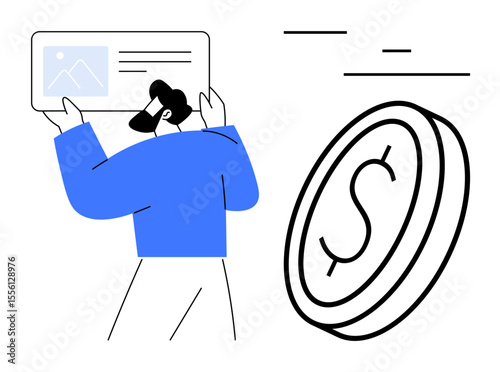Man holding and examining content layout with abstract dollar coin. Ideal for finance, e-commerce, digital marketing, online payment, creativity, business education, simple landing page