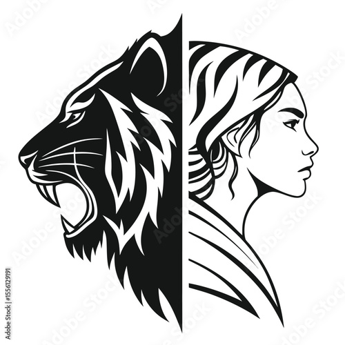 Tiger and woman profile silhouette
