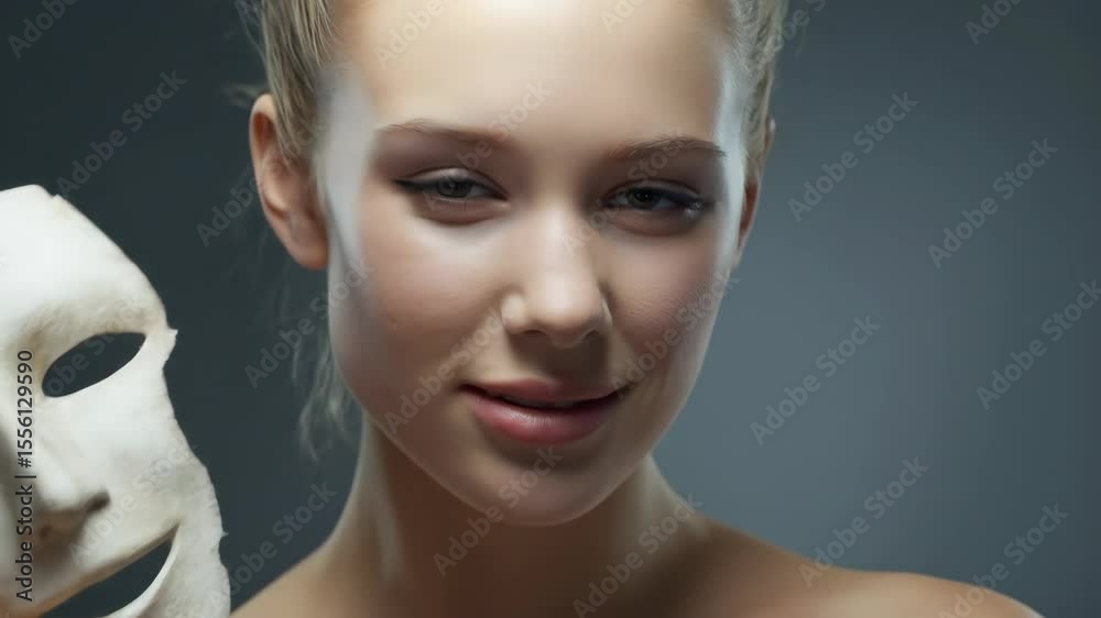 Young woman holding mask over face unveiling hidden emotions psychological concept studio portrait abstract image emotions thought duality artistic photography