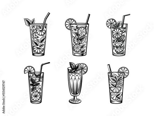 Ice cold mojito with lime and mint silhouette isolated on white background