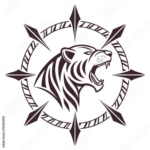 Roaring tiger head compass silhouette