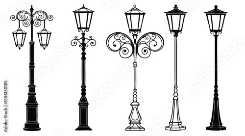 Vintage Street Lamp Silhouettes - Classic Decorative Urban Lighting Vector