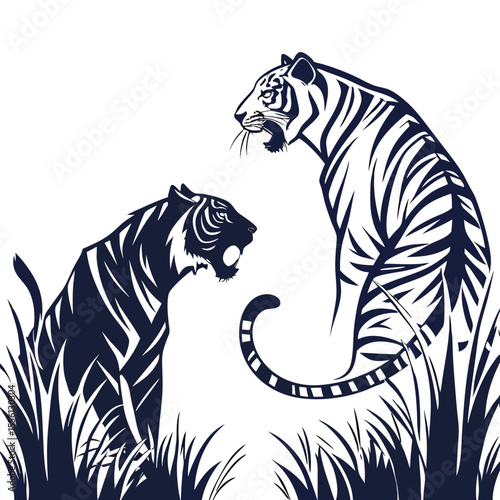 Two tigers in grass silhouette