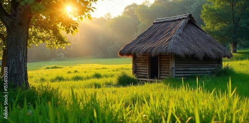 A rustic thatched hut nestled amongst tall, vibrant green grass, bathed in the warm glow of sunlight The scene evokes a sense of tranquility and seclusion in nature , outdoor, thatched