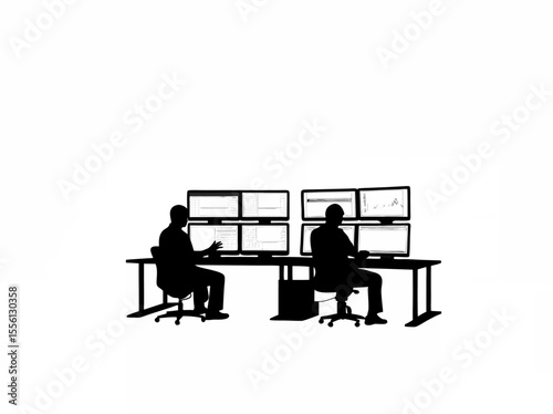 Silhouette of a team analyzing data on computer screens in a research center on white background