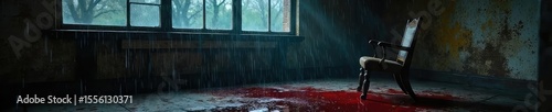 A dimly lit room, rain lashing against the window, a single overturned chair near a bloodstained carpet, suggesting a violent struggle , overturned furniture, red