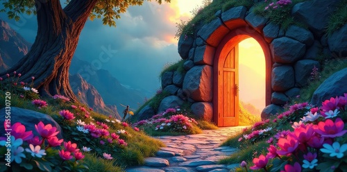 A hidden door reveals a vibrant, fantastical landscape bursting with color and unexpected flora Adventure awaits beyond the threshold, a secret world unveiled , image, unknown, sky