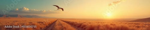 A lone bird soaring high above a vast, open landscape, symbolizing the boundless feeling of liberty and unrestricted movement , landscape, spacious, clouds