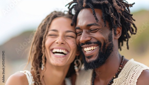 close up portrait of rastafarian couple laughing
