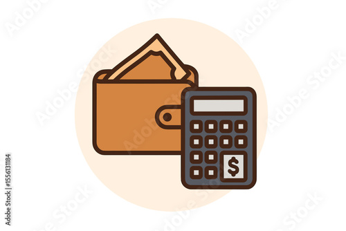 Flat Line Wallet Cash and Calculator Finance Business Icon Illustration