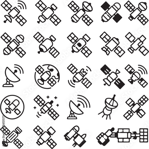 satellite communication icon set, line art ,spy satellite, technology satellite, vector icon