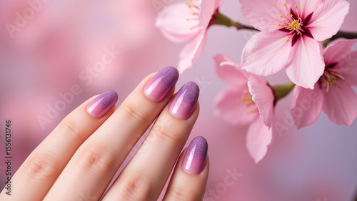 woman's hand with a purple manicure and pink flowers on it, set against a blurred background.