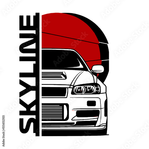 Sport Car Front View with Rising Sun Background – Japanese Tuning Style Illustration