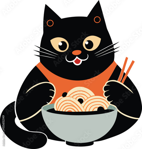 illustration of a black cat with striking orange eyes. The cat is depicted eating ramen from a large bowl 